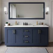 Wyndham Collection Miranda 72" Free Standing Double Basin Vanity Set with Cabinet, Quartz Vanity Top, and Framed Mirror Dark Blue / Giotto Quartz Top / Brushed Gold Hardware