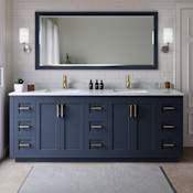 Wyndham Collection Miranda 84" Free Standing Double Basin Vanity Set with Cabinet, Marble Vanity Top, and Framed Mirror Dark Blue / White Carrara Marble Top / Brushed Gold Hardware