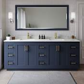 Wyndham Collection Miranda 84" Free Standing Double Basin Vanity Set with Cabinet, Quartz Vanity Top, and Framed Mirror Dark Blue / Giotto Quartz Top / Brushed Gold Hardware