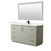 Wyndham Collection Strada 60" Free Standing Single Basin Vanity Set with Cabinet, Cultured Marble Vanity Top, and Framed Mirror Light Green / Carrara Cultured Marble Top / Matte Black Hardware
