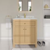 Wyndham Collection Pendry 30" Free Standing Single Basin Vanity Set with Cabinet and Quartz Vanity Top Tanned Oak / Giotto Quartz Top / Brushed Gold Hardware
