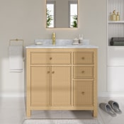 Wyndham Collection Pendry 36" Free Standing Single Basin Vanity Set with Cabinet and Marble Vanity Top Tanned Oak / Brushed Gold Hardware