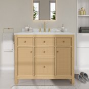 Wyndham Collection Pendry 42" Free Standing Single Basin Vanity Set with Cabinet and Quartz Vanity Top Tanned Oak / Giotto Quartz Top / Brushed Gold Hardware