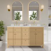 Wyndham Collection Pendry 60" Free Standing Double Basin Vanity Set with Cabinet and Cultured Marble Vanity Top Tanned Oak / Carrara Cultured Marble Top / Brushed Gold Hardware