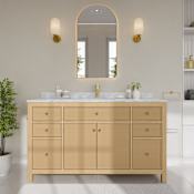 Wyndham Collection Pendry 60" Free Standing Single Basin Vanity Set with Cabinet and Marble Vanity Top Tanned Oak / Brushed Gold Hardware