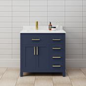 Wyndham Collection Beckett 36" Free Standing Single Basin Vanity Set with Cabinet and Cultured Marble Vanity Top Dark Blue / Carrara Cultured Marble Top / Brushed Gold Hardware