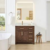 Wyndham Collection Beckett 36" Free Standing Single Basin Vanity Set with Cabinet and Cultured Marble Vanity Top for Single Hole Faucets Dark Walnut / Carrara Cultured Marble Top / Brushed Gold Hardware
