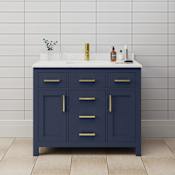 Wyndham Collection Beckett 42" Free Standing Single Basin Vanity Set with Cabinet and Cultured Marble Vanity Top Dark Blue / Carrara Cultured Marble Top / Brushed Gold Hardware