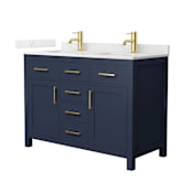 Wyndham Collection Beckett 48" Free Standing Double Basin Vanity Set with Cabinet and Quartz Vanity Top for Single Hole Faucets Dark Blue / Giotto Quartz Top / Brushed Gold Hardware