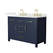 Wyndham Collection Beckett 48" Free Standing Double Basin Vanity Set with Cabinet and Quartz Vanity Top for Widespread Faucets Dark Blue / Giotto Quartz Top / Brushed Gold Hardware