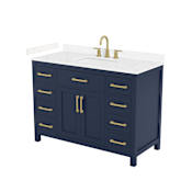 Wyndham Collection Beckett 48" Free Standing Single Basin Vanity Set with Cabinet and Cultured Marble Vanity Top for Widespread Faucets Dark Blue / Carrara Cultured Marble Top / Brushed Gold Hardware