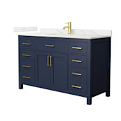 Wyndham Collection Beckett 54" Free Standing Single Basin Vanity Set with Cabinet and Quartz Vanity Top for Single Hole Faucets Dark Blue / Giotto Quartz Top / Brushed Gold Hardware