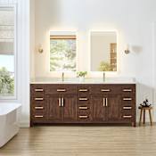 Wyndham Collection Beckett 84" Free Standing Double Basin Vanity Set with Cabinet and Cultured Marble Vanity Top for Single Hole Faucets Dark Walnut / Carrara Cultured Marble Top / Brushed Gold Hardware