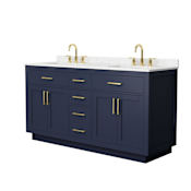 Wyndham Collection Beckett TK 66" Free Standing Double Basin Vanity Set with Cabinet and Cultured Marble Vanity Top for Widespread Faucets Dark Blue / Carrara Cultured Marble Top / Brushed Gold Hardware