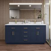 Wyndham Collection Beckett TK 72" Free Standing Double Basin Vanity Set with Cabinet and Cultured Marble Vanity Top Dark Blue / Carrara Cultured Marble Top / Brushed Gold Hardware
