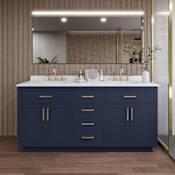 Wyndham Collection Beckett TK 72" Free Standing Double Basin Vanity Set with Cabinet and Quartz Vanity Top Dark Blue / Giotto Quartz Top / Brushed Gold Hardware