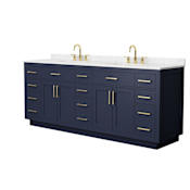 Wyndham Collection Beckett TK 84" Free Standing Double Basin Vanity Set with Cabinet and Cultured Marble Vanity Top for Widespread Faucets Dark Blue / Carrara Cultured Marble Top / Brushed Gold Hardware