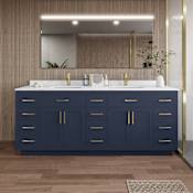 Wyndham Collection Beckett TK 84" Free Standing Double Basin Vanity Set with Cabinet and Quartz Vanity Top Dark Blue / Giotto Quartz Top / Brushed Gold Hardware
