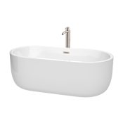 Wyndham Collection Juliette 67" Free Standing Acrylic Soaking Tub with Center Drain, Drain Assembly, and Overflow - Includes Floor Mounted Tub Filler with Hand Shower White / Brushed Nickel Trim