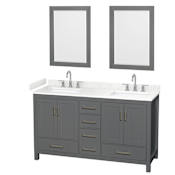 Wyndham Collection Sheffield 60" Free Standing Double Basin Vanity Set with Cabinet, Cultured Marble Vanity Top for Widespread Faucets, and Framed Mirror Set Dark Gray / Carrara Cultured Marble Top / Brushed Chrome Hardware