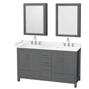 Wyndham Collection Sheffield 60" Free Standing Double Basin Vanity Set with Cabinet, Cultured Marble Vanity Top for Widespread Faucets, and Medicine Cabinet Dark Gray / Carrara Cultured Marble Top / Brushed Chrome Hardware
