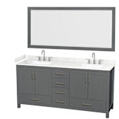 Wyndham Collection Sheffield 72" Free Standing Double Basin Vanity Set with Cabinet, Cultured Marble Vanity Top for Widespread Faucets, and Framed Mirror Dark Gray / Carrara Cultured Marble Top / Brushed Chrome Hardware