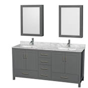 Wyndham Collection Sheffield 72" Free Standing Double Basin Vanity Set with Cabinet, Marble Vanity Top, and Medicine Cabinets Dark Gray / White Carrara Marble Top / Brushed Chrome Hardware