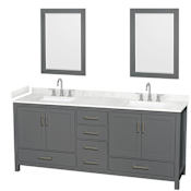 Wyndham Collection Sheffield 80" Free Standing Double Basin Vanity Set with Cabinet, Cultured Marble Vanity Top for Widespread Faucets, and Framed Mirror Dark Gray / Carrara Cultured Marble Top / Brushed Chrome Hardware