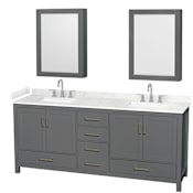 Wyndham Collection Sheffield 80" Free Standing Double Basin Vanity Set with Cabinet, Cultured Marble Vanity Top for Widespread Faucets, and Medicine Cabinet Dark Gray / Carrara Cultured Marble Top / Brushed Chrome Hardware