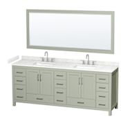Wyndham Collection Sheffield 84" Free Standing Double Basin Vanity Set with Cabinet, Cultured Marble Vanity Top for Widespread Faucets, and Framed Mirror Light Green / Carrara Cultured Marble Top / Brushed Nickel Hardware