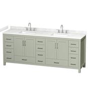 Wyndham Collection Sheffield 84" Free Standing Double Basin Vanity Set with Cabinet and Cultured Marble Vanity Top for Widespread Faucets Light Green / Carrara Cultured Marble Top / Brushed Nickel Hardware