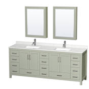 Wyndham Collection Sheffield 84" Free Standing Double Basin Vanity Set with Cabinet, Quartz Vanity Top, and Medicine Cabinet Light Green / Giotto Quartz Top / Brushed Nickel Hardware