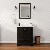 Wyndham Collection Deborah 30" Free Standing Single Basin Vanity Set with Cabinet, Cultured Marble Vanity Top for Widespread Faucets, and Framed Mirror Dark Espresso / Carrara Cultured Marble Top / Polished Chrome Hardware
