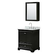 Wyndham Collection Deborah 30" Free Standing Single Vanity Set with Wood Cabinet, Marble Vanity Top, and Medicine Cabinet Dark Espresso / White Carrara Marble Top / Polished Chrome Hardware