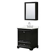 Wyndham Collection Deborah 30" Free Standing Single Basin Vanity Set with Cabinet, Quartz Vanity Top, and Medicine Cabinet Dark Espresso / Giotto Quartz Top / Polished Chrome Hardware