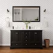 Wyndham Collection Deborah 60" Free Standing Double Basin Vanity Set with Cabinet, Cultured Marble Vanity Top for Widespread Faucets, and Framed Mirror Dark Espresso / Carrara Cultured Marble Top / Polished Chrome Hardware