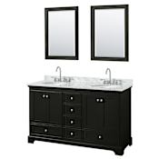Wyndham Collection Deborah 60" Free Standing Double Vanity Set with Wood Cabinet, Marble Vanity Top, and Framed Mirror Dark Espresso / White Carrara Marble Top / Polished Chrome Hardware