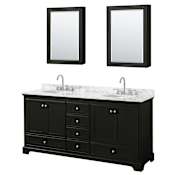 Wyndham Collection Deborah 72" Free Standing Double Vanity Set with Wood Cabinet, Marble Vanity Top, and Medicine Cabinet Dark Espresso / White Carrara Marble Top / Polished Chrome Hardware