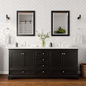 Wyndham Collection Deborah 80" Free Standing Double Basin Vanity Set with Cabinet, Cultured Marble Vanity Top for Widespread Faucets, and Framed Mirror Set Dark Espresso / Carrara Cultured Marble Top / Polished Chrome Hardware