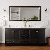 Wyndham Collection Deborah 80" Free Standing Double Basin Vanity Set with Cabinet, Cultured Marble Vanity Top for Widespread Faucets, and Framed Mirror Dark Espresso / Carrara Cultured Marble Top / Polished Chrome Hardware