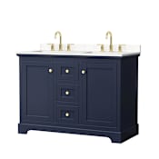 Wyndham Collection Avery 48" Free Standing Double Basin Vanity Set with Cabinet and Cultured Marble Vanity Top for Widespread Faucets Dark Blue / Carrara Cultured Marble Top / Brushed Gold Hardware