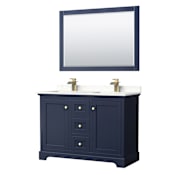 Wyndham Collection Avery 48" Free Standing Double Basin Vanity Set with Cabinet, Quartz Vanity Top, and Framed Mirror Dark Blue / Giotto Quartz Top / Brushed Gold Hardware