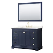 Wyndham Collection Avery 48" Free Standing Single Basin Vanity Set with Cabinet, Cultured Marble Vanity Top for Widespread Faucets, and Framed Mirror Dark Blue / Carrara Cultured Marble Top / Brushed Gold Hardware