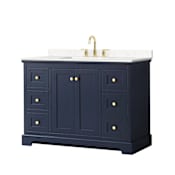 Wyndham Collection Avery 48" Free Standing Single Basin Vanity Set with Cabinet and Cultured Marble Vanity Top for Widespread Faucets Dark Blue / Carrara Cultured Marble Top / Brushed Gold Hardware