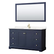 Wyndham Collection Avery 60" Free Standing Single Basin Vanity Set with Cabinet, Cultured Marble Vanity Top, and Framed Mirror Dark Blue / Carrara Cultured Marble Top / Brushed Gold Hardware