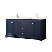 Wyndham Collection Avery 72" Free Standing Double Basin Vanity Set with Cabinet and Cultured Marble Vanity Top Dark Blue / Carrara Cultured Marble Top / Brushed Gold Hardware