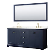 Wyndham Collection Avery 72" Free Standing Double Basin Vanity Set with Cabinet, Cultured Marble Vanity Top for Widespread Faucets, and Framed Mirror Dark Blue / Carrara Cultured Marble Top / Brushed Gold Hardware