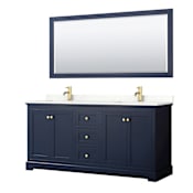 Wyndham Collection Avery 72" Free Standing Double Basin Vanity Set with Cabinet, Quartz Vanity Top, and Framed Mirror Dark Blue / Giotto Quartz Top / Brushed Gold Hardware
