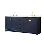 Wyndham Collection Avery 80" Free Standing Double Basin Vanity Set with Cabinet and Cultured Marble Vanity Top for Widespread Faucets Dark Blue / Carrara Cultured Marble Top / Brushed Gold Hardware