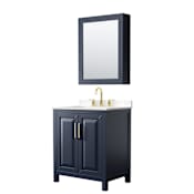Wyndham Collection Daria 30" Free Standing Single Basin Vanity Set with Cabinet, Cultured Marble Vanity Top for Widespread Faucets, and Medicine Cabinet Dark Blue / Carrara Cultured Marble Top / Brushed Gold Hardware